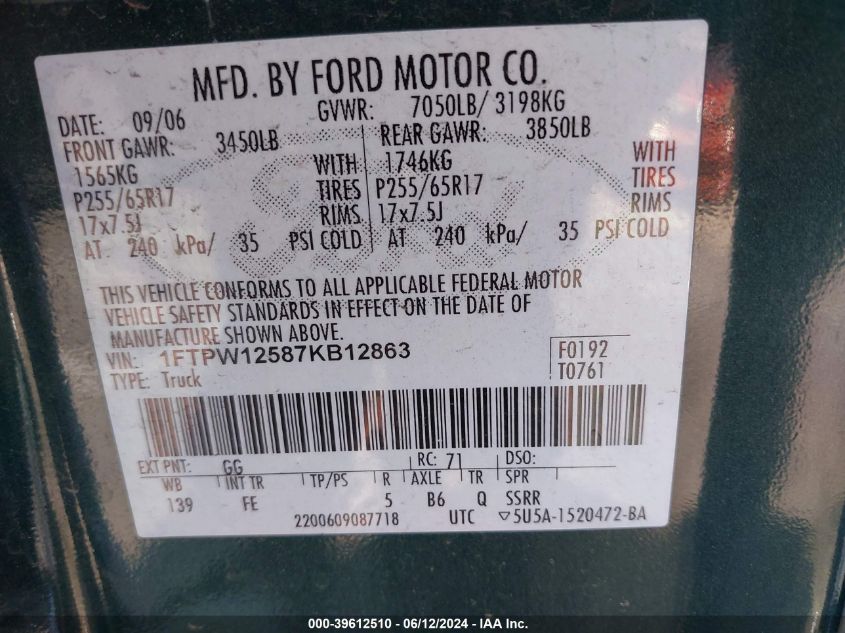 2007 Ford F-150 Lariat/Xlt VIN: 1FTPW12587KB12863 Lot: 39612510
