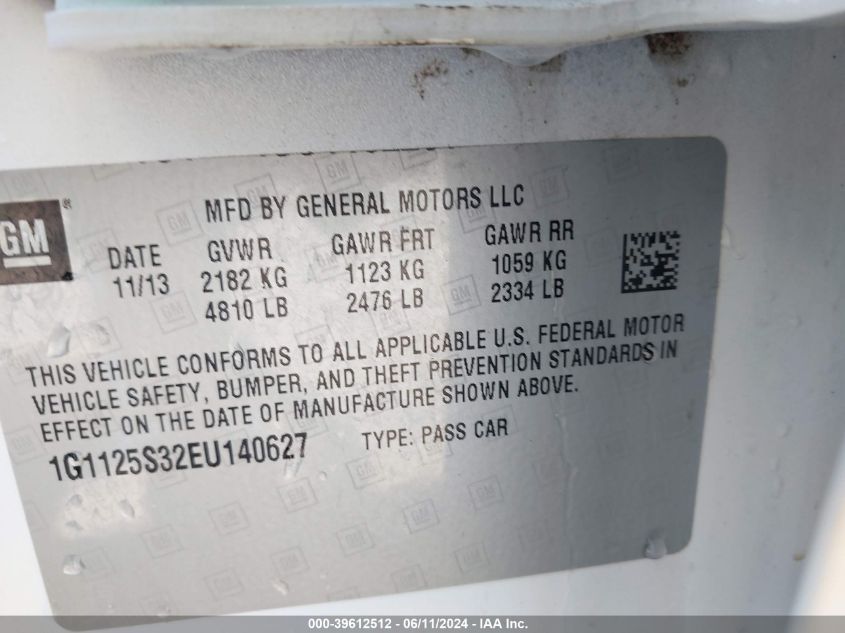2014 Chevrolet Impala 2Lt VIN: 1G1125S32EU140627 Lot: 39612512