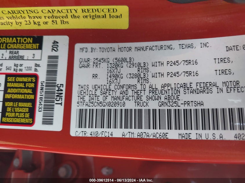 2016 TOYOTA TACOMA DBL CAB/SR5/TRD SPORT/OR - 5TFAZ5CN5GX020910