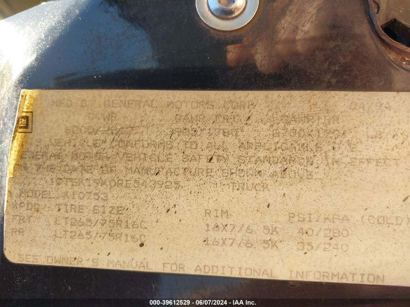 1994 GMC Sierra K1500 VIN: 1GTEK19K0RE543925 Lot: 39612529