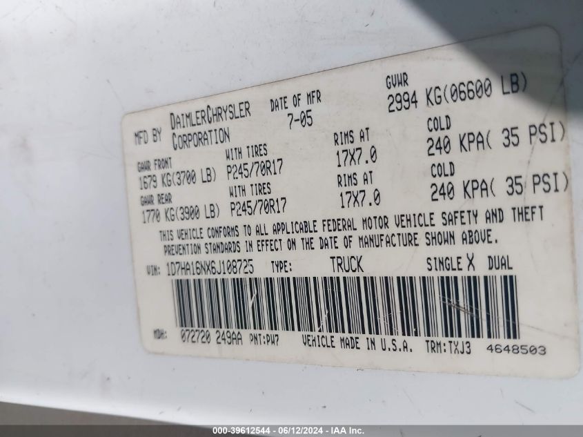 2006 Dodge Ram 1500 St VIN: 1D7HA16NX6J108725 Lot: 39612544