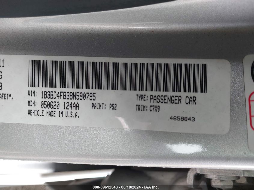 2011 Dodge Avenger Express VIN: 1B3BD4FB3BN590795 Lot: 39612548