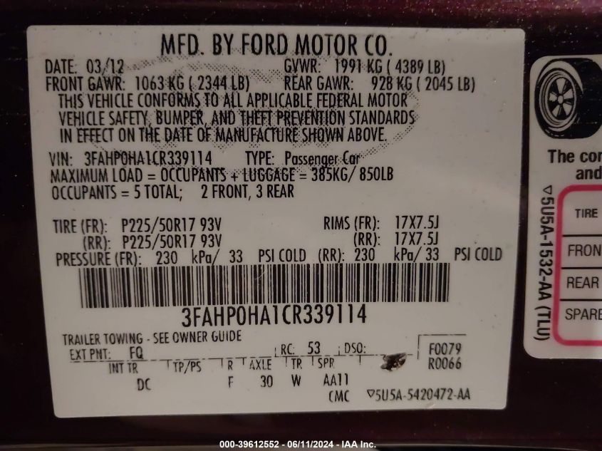 2012 Ford Fusion Se VIN: 3FAHP0HA1CR339114 Lot: 39612552