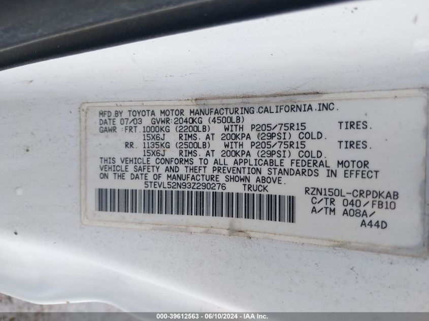 2003 Toyota Tacoma VIN: 5TEVL52N93Z290276 Lot: 39612563