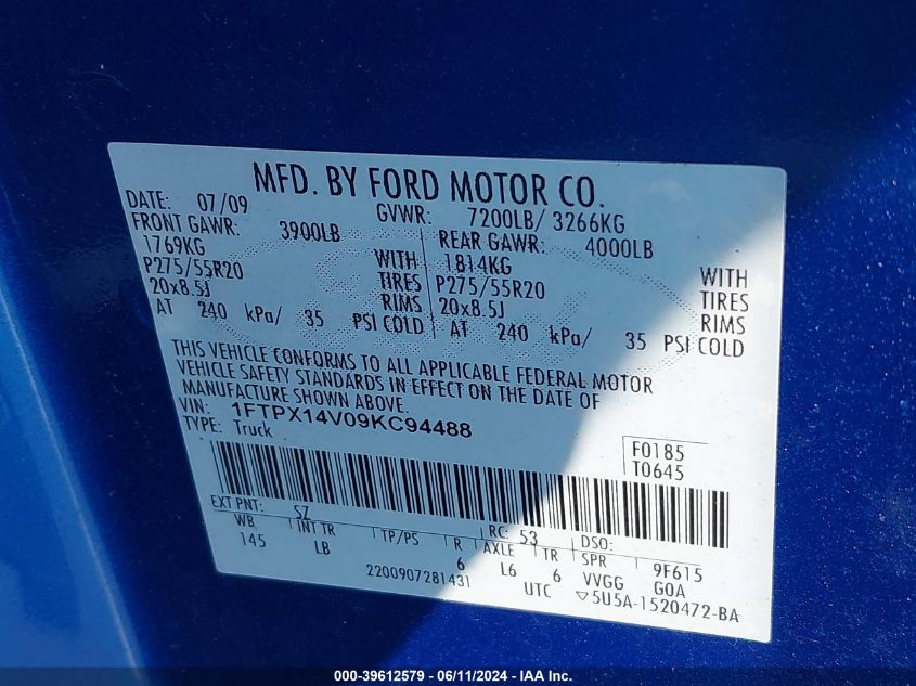 2009 Ford F-150 Fx4 VIN: 1FTPX14V09KC94488 Lot: 39612579