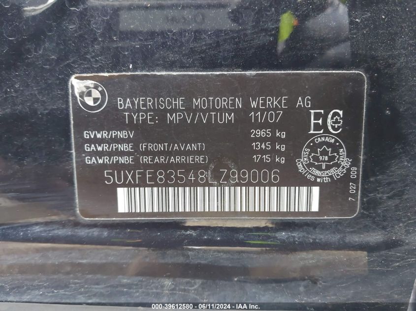 2008 BMW X5 4.8I VIN: 5UXFE83548LZ99006 Lot: 39612580