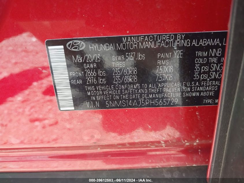 2023 Hyundai Santa Fe Se VIN: 5NMS14AJ5PH565729 Lot: 39612583