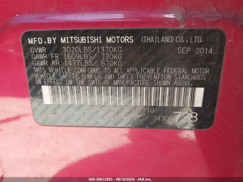 2015 Mitsubishi Mirage De VIN: ML32A3HJXFH012710 Lot: 39612593