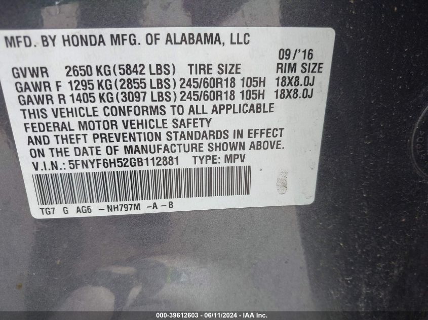 2016 Honda Pilot Ex-L VIN: 5FNYF6H52GB112881 Lot: 39612603