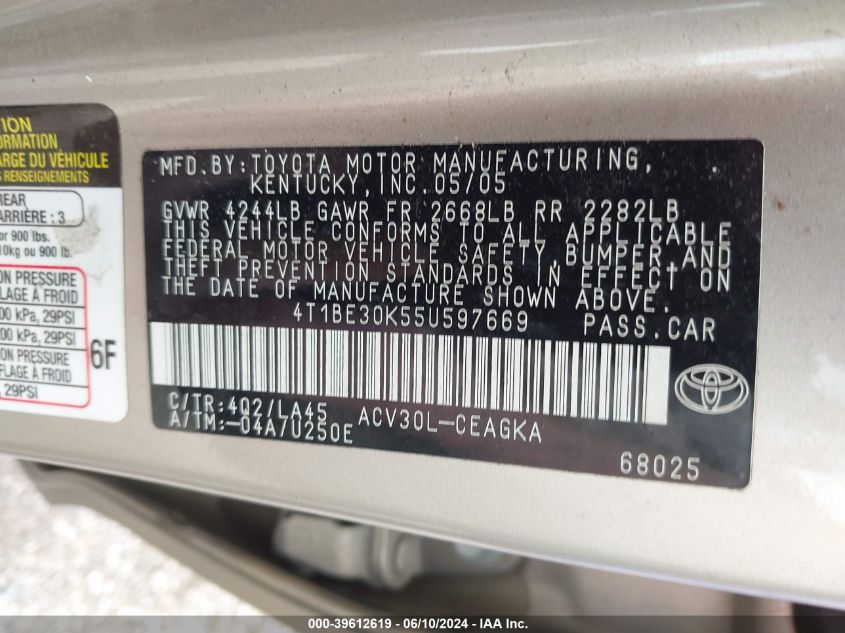 2005 Toyota Camry Xle VIN: 4T1BE30K55U597669 Lot: 39612619