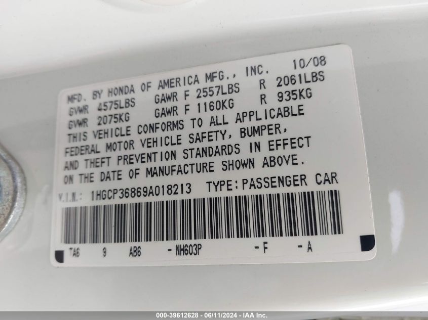 2009 Honda Accord 3.5 Ex-L VIN: 1HGCP36869A018213 Lot: 39612628