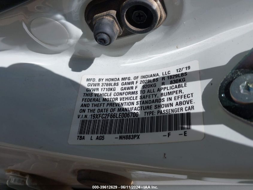 2020 Honda Civic Lx VIN: 19XFC2F66LE006700 Lot: 39612629