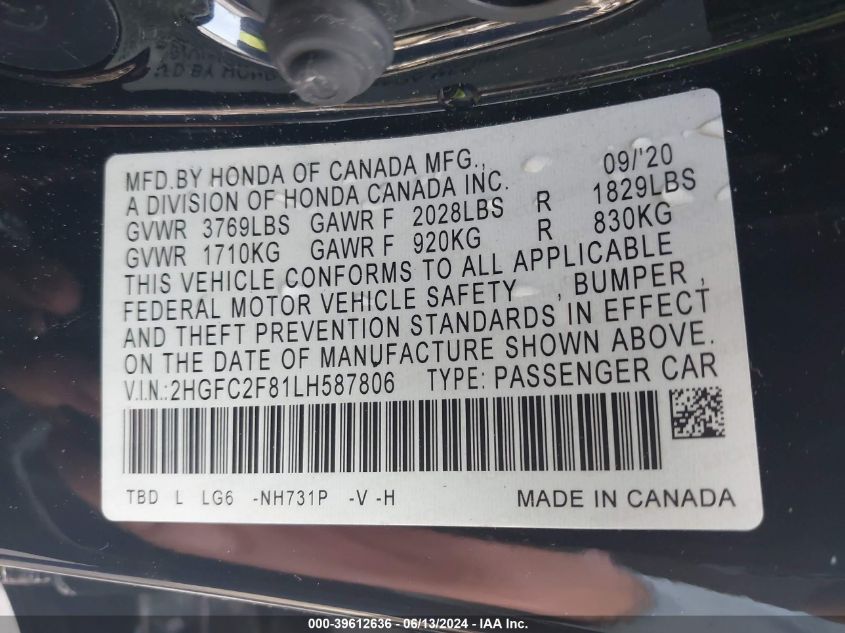 2020 Honda Civic Sport VIN: 2HGFC2F81LH587806 Lot: 39612636