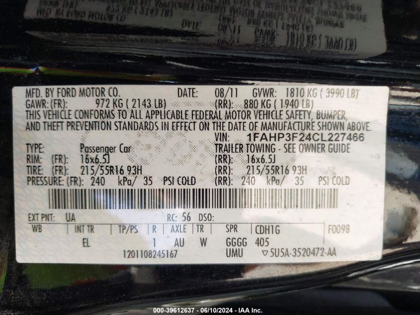 2012 Ford Focus Se VIN: 1FAHP3F24CL227466 Lot: 39612637