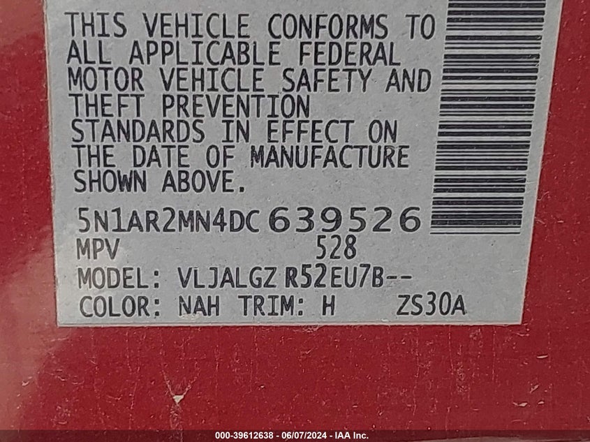 2013 Nissan Pathfinder Sl VIN: 5N1AR2MN4DC639526 Lot: 39612638