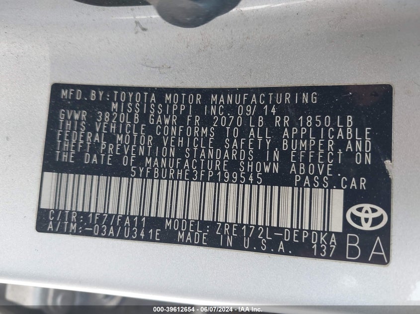 2015 Toyota Corolla L VIN: 5YFBURHE3FP199545 Lot: 39612654