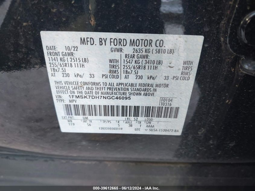 2022 Ford Explorer Xlt VIN: 1FMSK7DH7NGC46095 Lot: 39612665