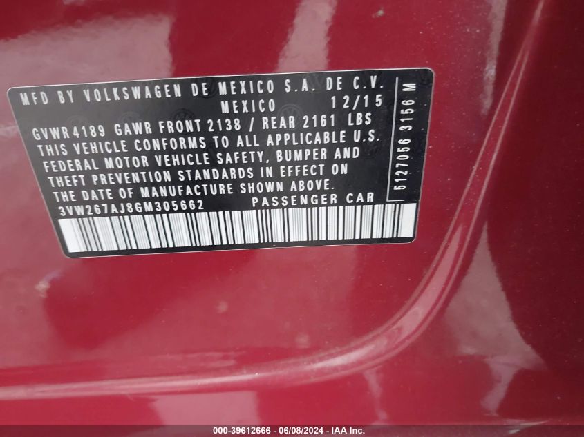 2016 Volkswagen Jetta 1.4T S VIN: 3VW267AJ8GM305662 Lot: 39612666