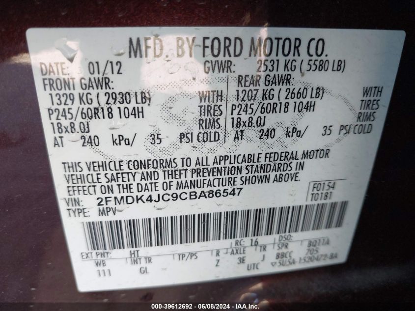 2012 Ford Edge Sel VIN: 2FMDK4JC9CBA86547 Lot: 39612692