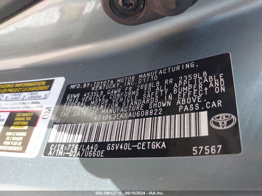 2010 Toyota Camry Se/Le/Xle VIN: 4T1BK3EK6AU608822 Lot: 39612710