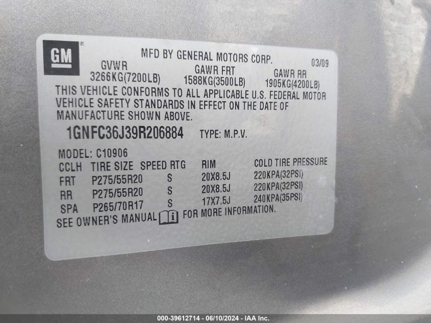 2009 Chevrolet Suburban 1500 Ltz VIN: 1GNFC36J39R206884 Lot: 39612714