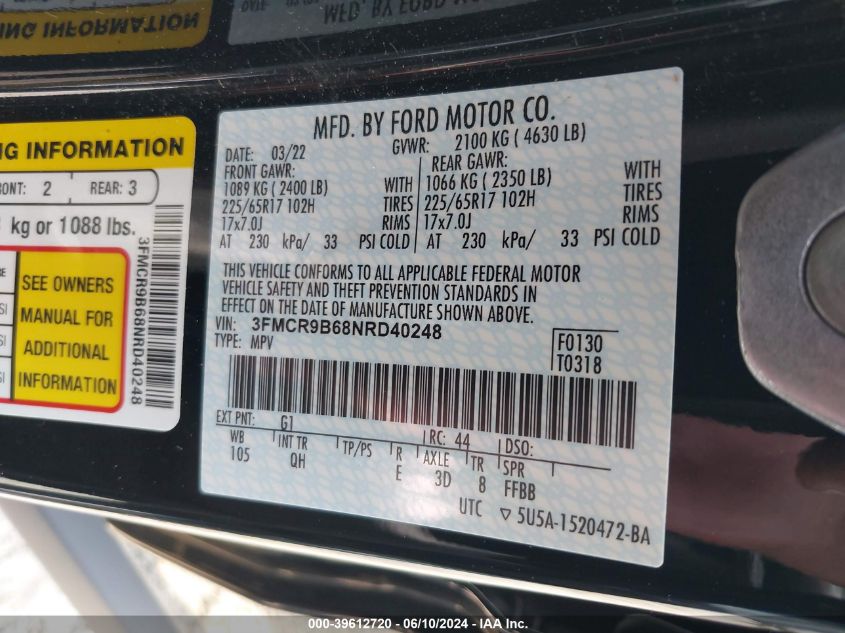 2022 Ford Bronco Sport Big Bend VIN: 3FMCR9B68NRD40248 Lot: 39612720