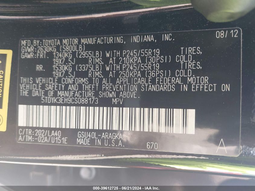 2012 Toyota Highlander Limited V6 VIN: 5TDYK3EH9CS088173 Lot: 39612725