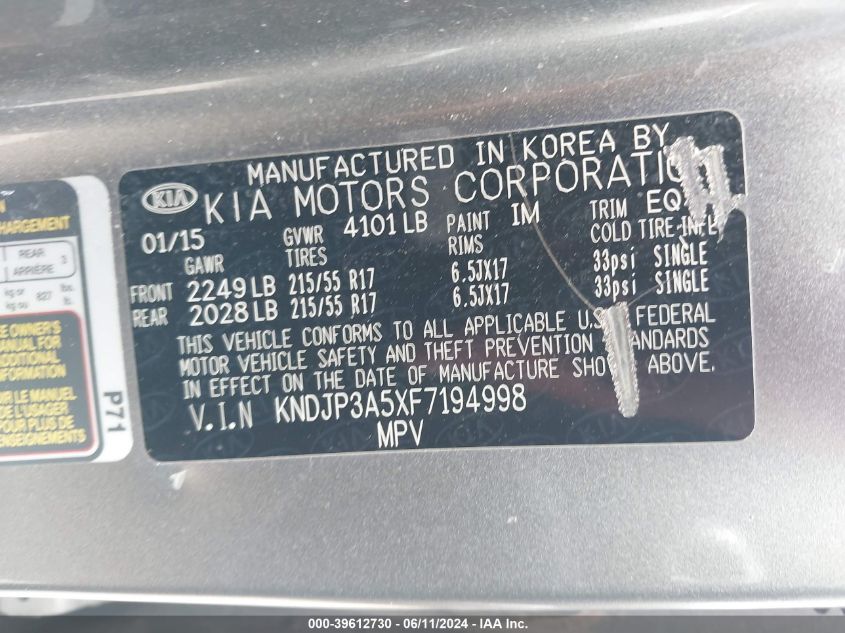 2015 Kia Soul + VIN: KNDJP3A5XF7194998 Lot: 39612730