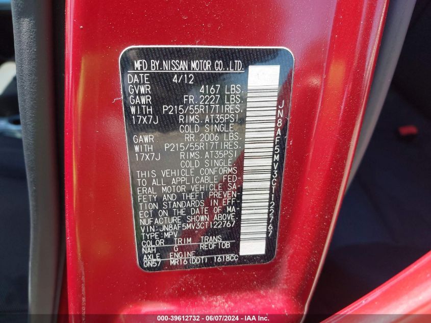 2012 Nissan Juke S VIN: JN8AF5MV3CT122767 Lot: 39612732