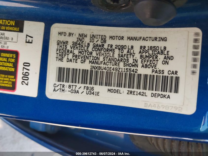 2009 Toyota Corolla Le VIN: 1NXBU40E49Z115542 Lot: 39612743