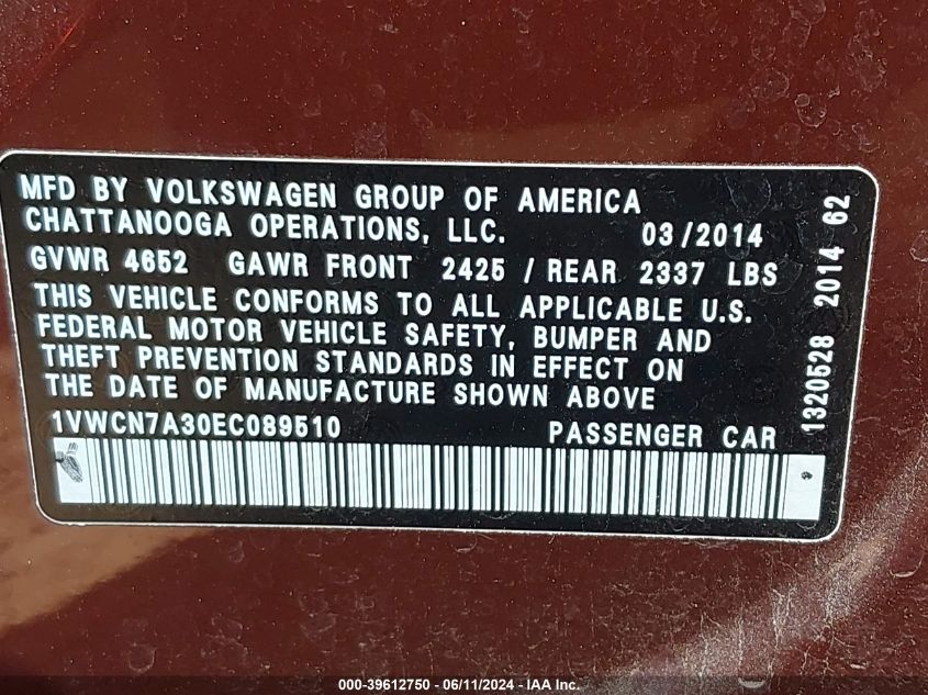 2014 Volkswagen Passat 2.0L Tdi Sel Premium VIN: 1VWCN7A30EC089510 Lot: 39612750