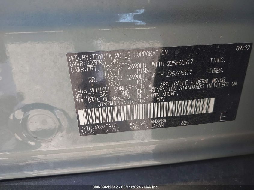 2022 Toyota Rav4 Xle Hybrid VIN: JTMRWRFV9ND166109 Lot: 39612842
