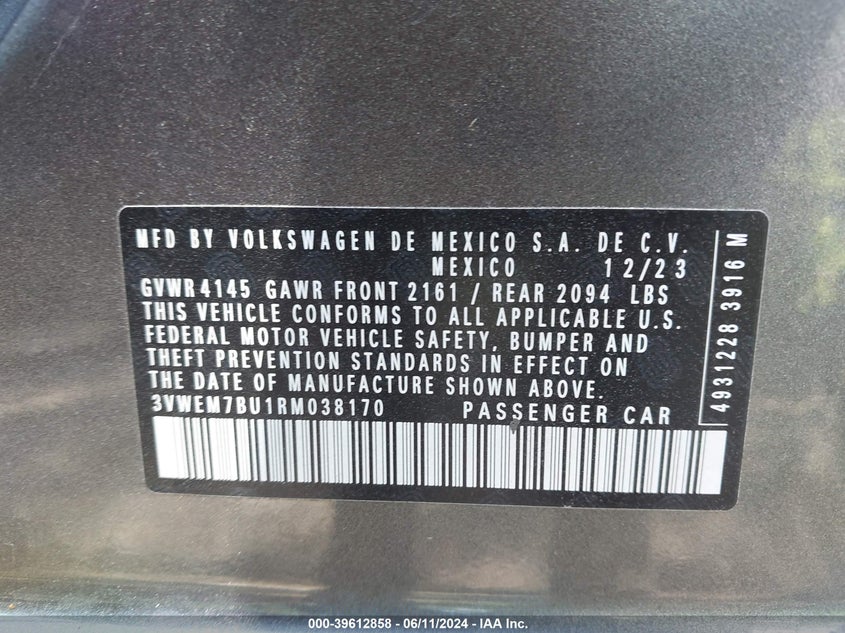 2024 Volkswagen Jetta 1.5T Se VIN: 3VWEM7BU1RM038170 Lot: 39612858