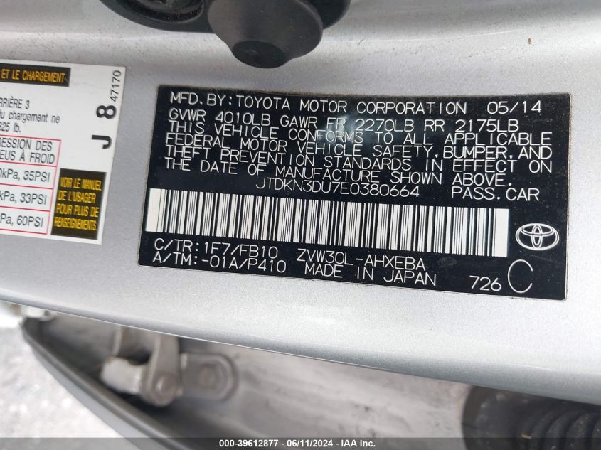 2014 Toyota Prius Three VIN: JTDKN3DU7E0380664 Lot: 39612877