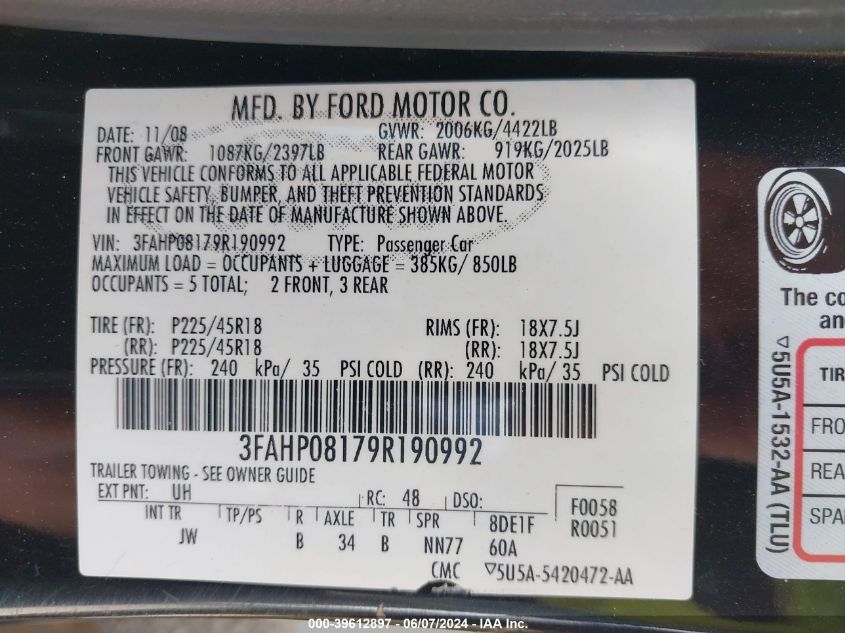 2009 Ford Fusion Sel VIN: 3FAHP08179R190992 Lot: 39612897