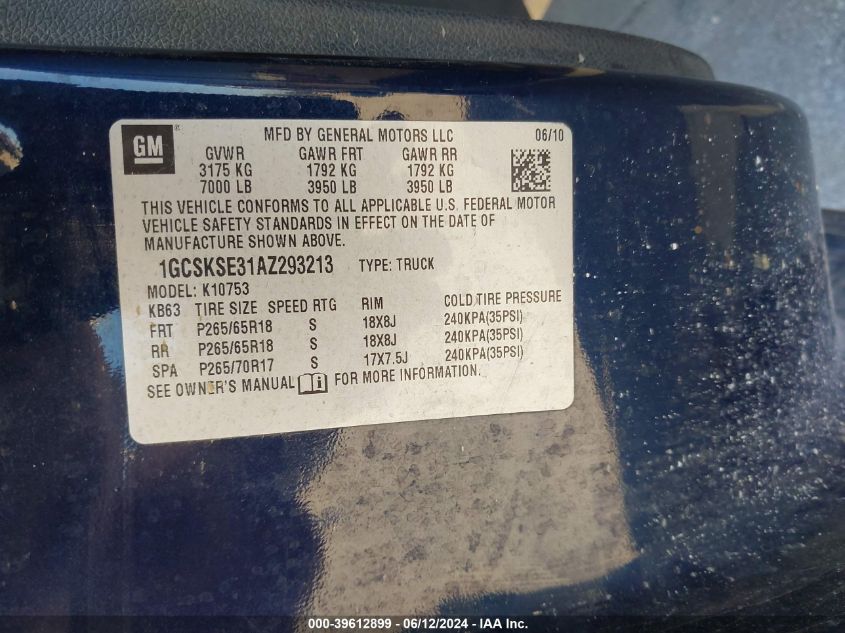 2010 Chevrolet Silverado 1500 Lt VIN: 1GCSKSE31AZ293213 Lot: 39612899