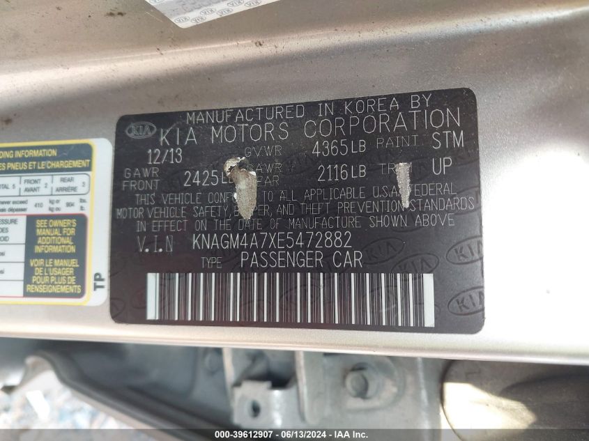 2014 Kia Optima Lx VIN: KNAGM4A7XE5472882 Lot: 39612907