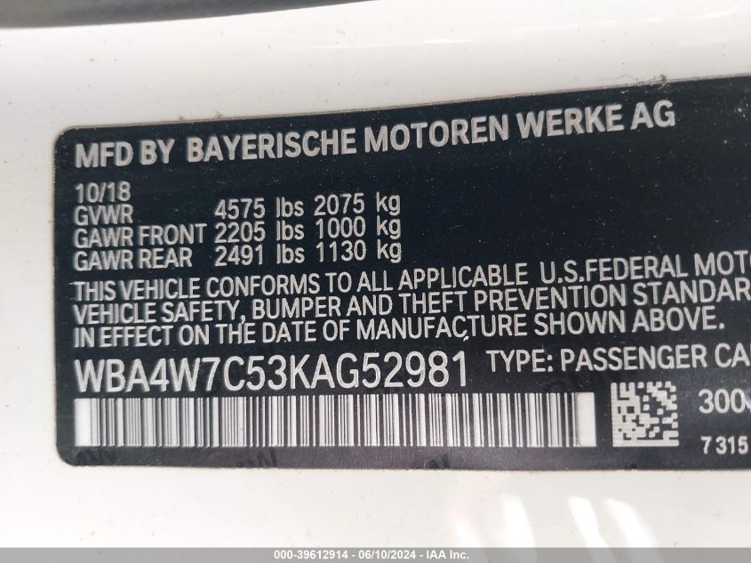 2019 BMW 440I VIN: WBA4W7C53KAG52981 Lot: 39612914