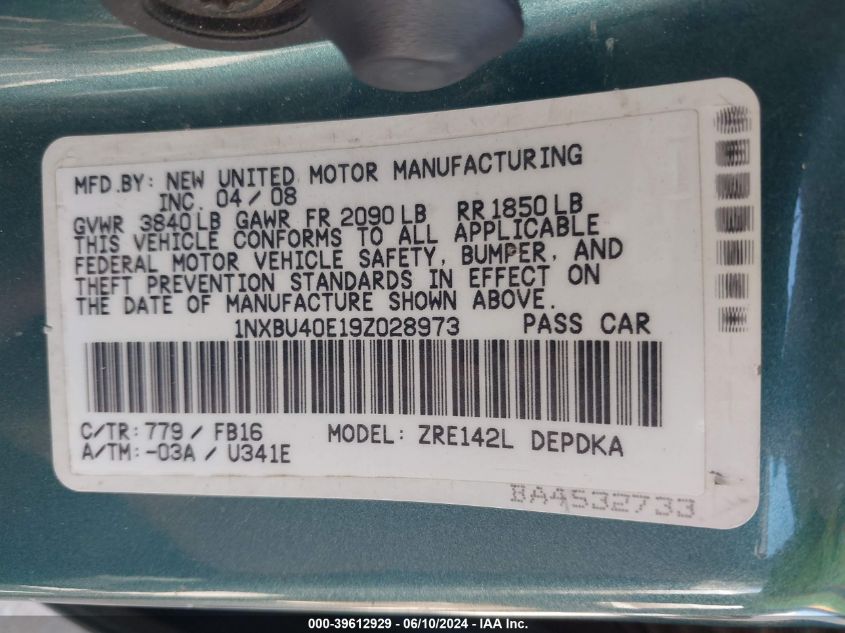 2009 Toyota Corolla Le VIN: 1NXBU40E19Z028973 Lot: 39612929