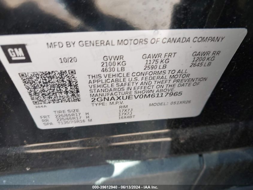 2021 Chevrolet Equinox Awd Lt VIN: 2GNAXUEV0M6117965 Lot: 39612940