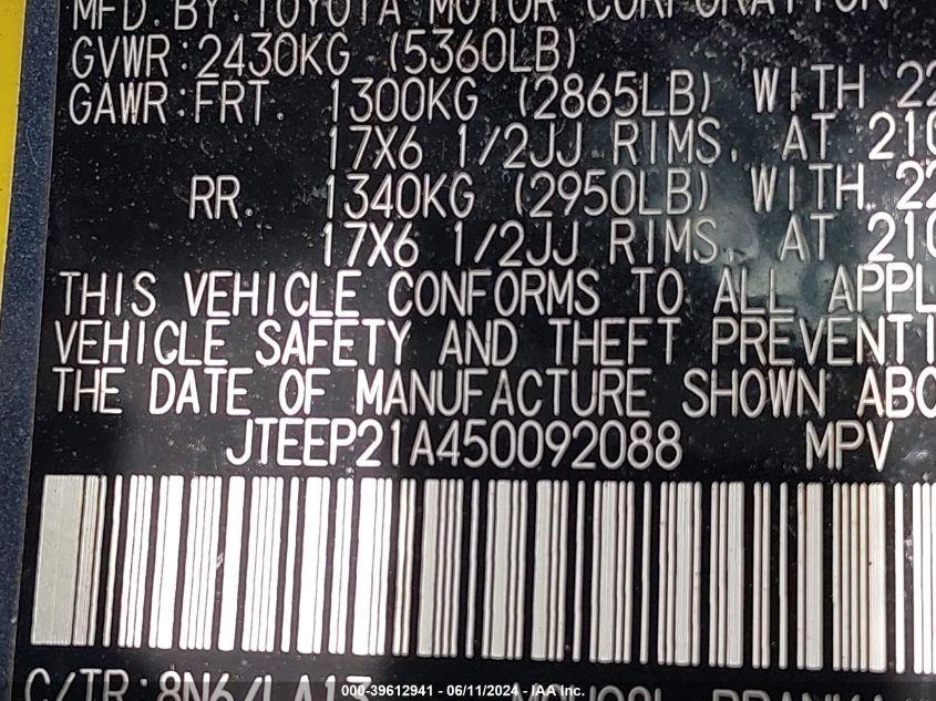 2005 Toyota Highlander Limited VIN: JTEEP21A450092088 Lot: 39612941