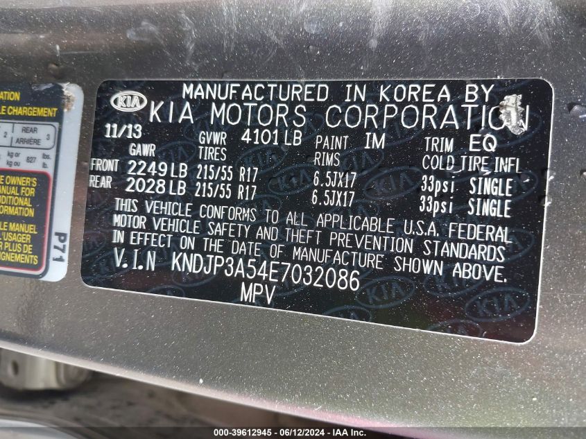 2014 Kia Soul + VIN: KNDJP3A54E7032086 Lot: 39612945