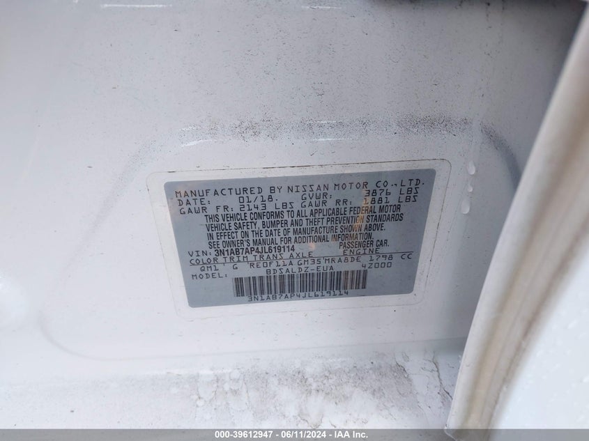 2018 Nissan Sentra Sv VIN: 3N1AB7AP4JL619114 Lot: 39612947