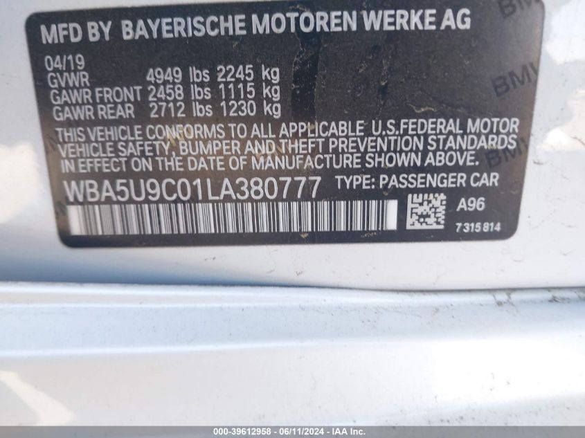 2020 BMW 3 Series M340I xDrive VIN: WBA5U9C01LA380777 Lot: 39612958
