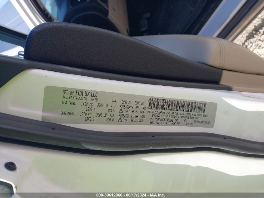 2018 Dodge Durango Sxt Rwd VIN: 1C4RDHAG9JC413346 Lot: 39612966