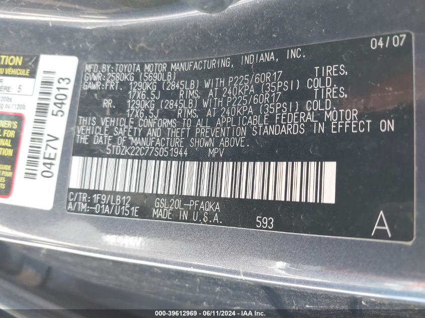 2007 Toyota Sienna Xle VIN: 5TDZK22C77S051944 Lot: 39612969