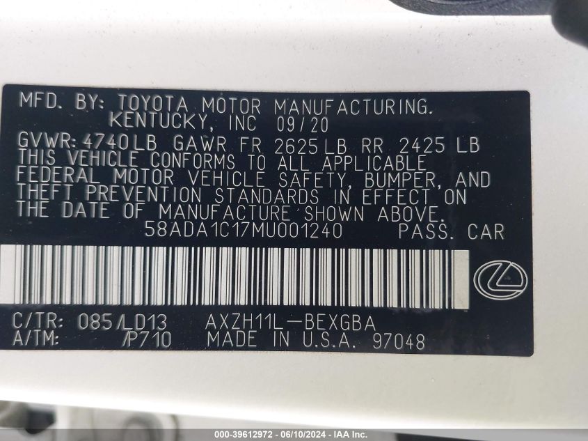 58ADA1C17MU001240 2021 Lexus Es 300H