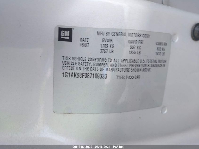 2008 Chevrolet Cobalt Ls VIN: 1G1AK58F087109333 Lot: 39613002