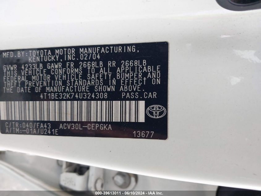 2004 Toyota Camry Xle VIN: 4T1BE32K74U324308 Lot: 39613011