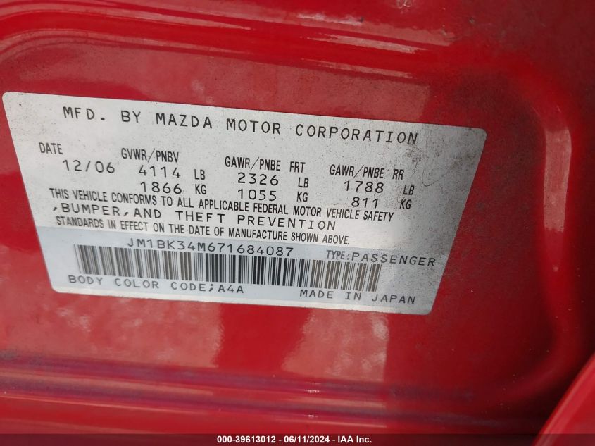 2007 Mazda Mazdaspeed3 Sport VIN: JM1BK34M671684087 Lot: 39613012